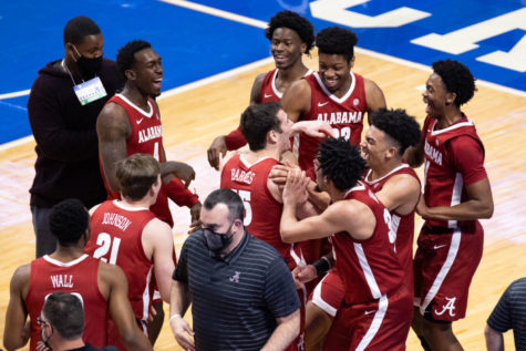 Alabama celebrates their win after the University of Kentucky vs. Alabama mens basketball game on Tuesday, Jan. 12, 2021, at Rupp Arena in Lexington, Kentucky. UK lost 85-65. Photo by Michael Clubb | Staff