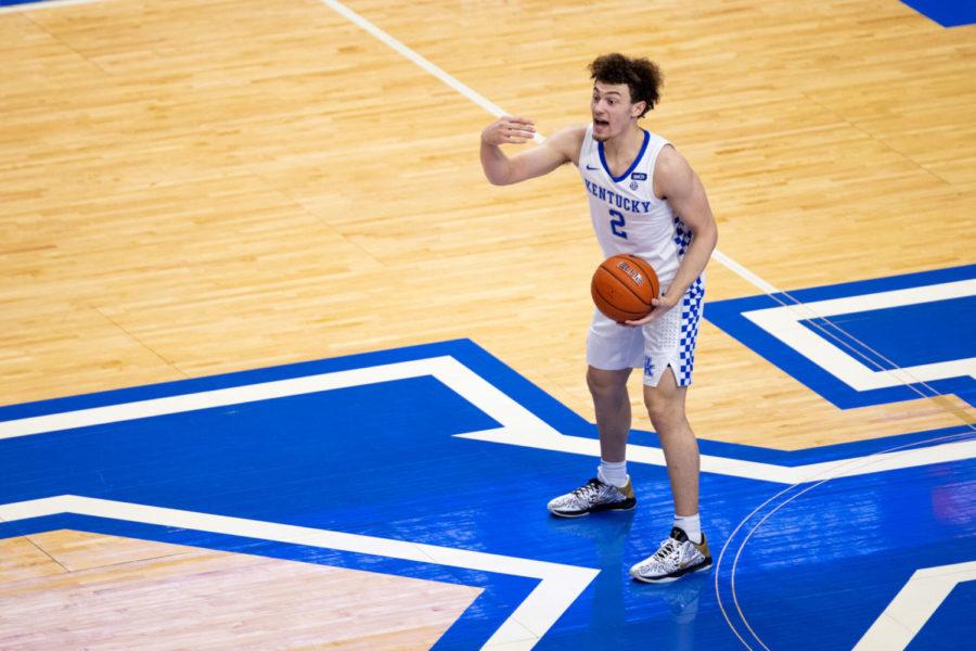 Kentucky Wildcats guard Devin Askew (2) motions for a teammate during the University of Kentucky vs. Alabama mens basketball game on Tuesday, Jan. 12, 2021, at Rupp Arena in Lexington, Kentucky. UK lost 85-65. Photo by Michael Clubb | Staff