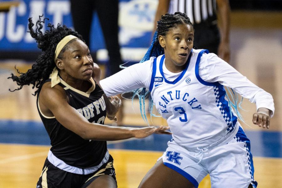 Kentuckys KeKe McKinney boxes out an opponent during the University of Kentucky vs. Wofford womens basketball game on Saturday, Dec. 19, 2020, at Memorial Coliseum in Lexington, Kentucky. UK won 98-37 Photo by Michael Clubb | Staff.