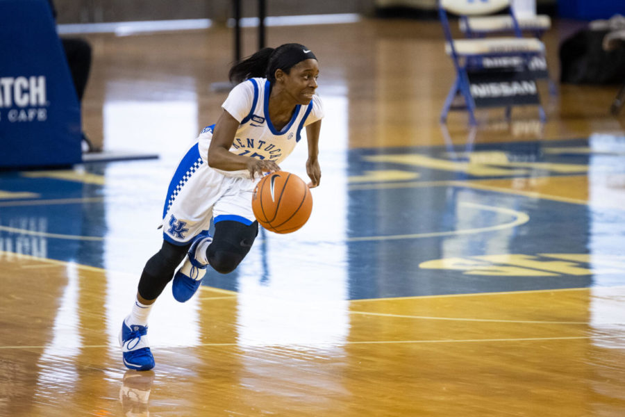Kentuckys Chasity Patterson dribbles the ball up the court during the University of Kentucky vs. Wofford womens basketball game on Saturday, Dec. 19, 2020, at Memorial Coliseum in Lexington, Kentucky. UK won 98-37 Photo by Michael Clubb | Staff.