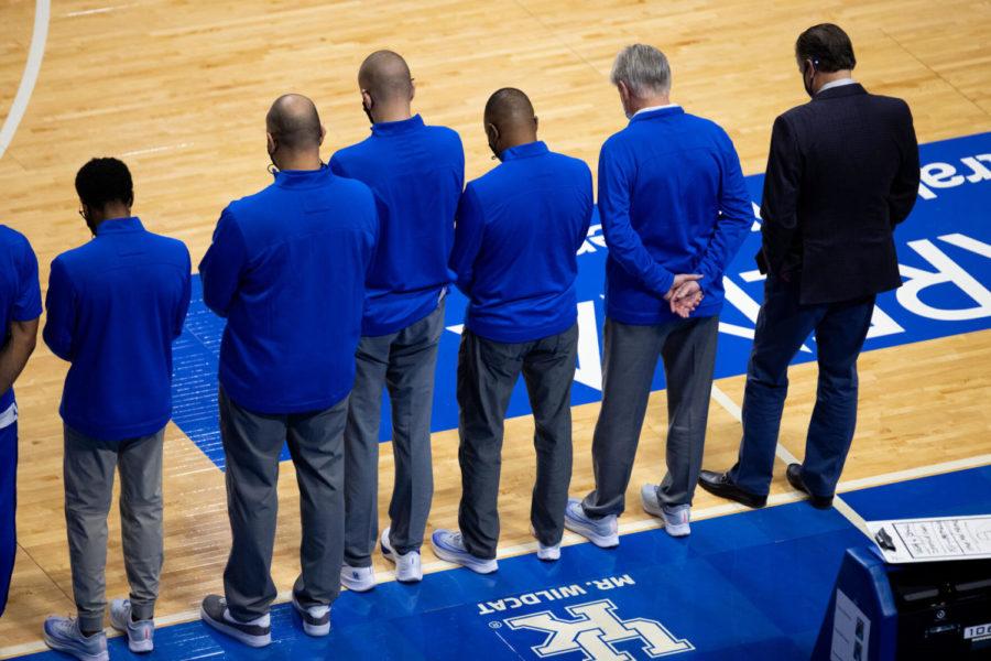 Kentucky takes a moment of silence in remembrance of Ben Jordan before the University of Kentucky vs. Alabama mens basketball game on Tuesday, Jan. 12, 2021, at Rupp Arena in Lexington, Kentucky. UK lost 85-65. Photo by Michael Clubb | Staff