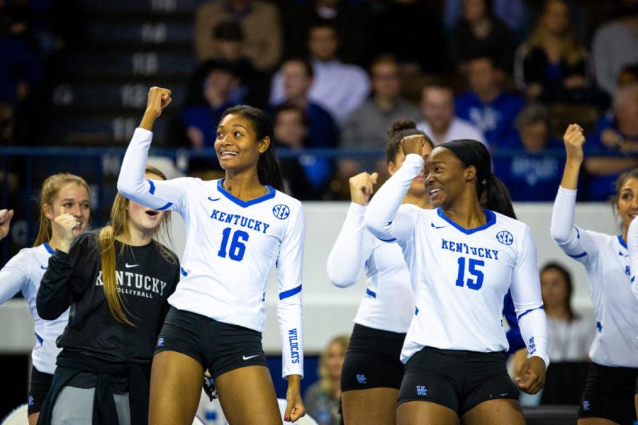 Kentucky volleyball players dance during a timeout in the second round game of the DI NCAA Volleyball Tournament against Michigan on Saturday, Dec. 7, 2019, at Memorial Coliseum in Lexington, Kentucky. Kentucky won 3-0. Photo by Jordan Prather | Staff