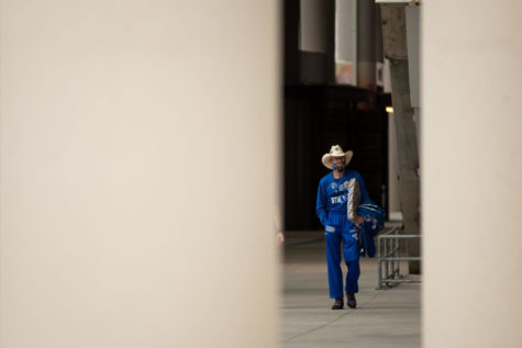 A UK fan known as The Cowboy walks around the stadium before the University of Kentucky vs. North Carolina State TaxSlayer Gator Bowl game on Saturday, Jan. 2, 2021, at TIAA Bank Field in Jacksonville, Florida. Kentucky won 23-21. Photo by Michael Clubb | Staff