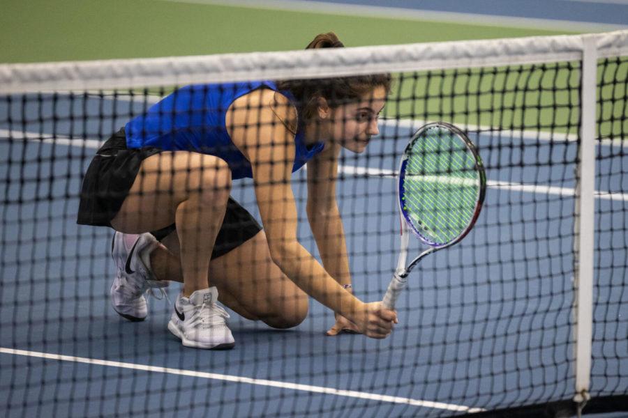 Carlota Molina prepares for her doubles partner to serve during the University of Kentucky vs. Louisiana State womens tennis meet on Saturday, Feb. 20, 2021, at the Hillary J. Boone Tennis Complex in Lexington, Kentucky. UK lost 4-3. Photo by Michael Clubb | Staff