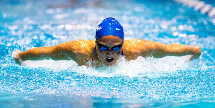 Kentucky freshman Caitlin Brooks swims in the womens 200 yard butterfly during the meet against the University of Cincinnati on Friday, Jan. 31, 2020, at the Lancaster Aquatic Center in Lexington, Kentucky. Photo by Jordan Prather | Staff