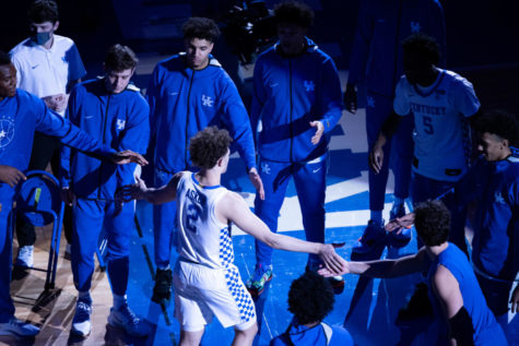 Kentucky Wildcats guard Devin Askew (2) is introduced before the University of Kentucky vs. Auburn mens basketball game on Saturday, Feb. 13, 2021, at Rupp Arena in Lexington, Kentucky. UK won 82-80. Photo by Michael Clubb | Staff