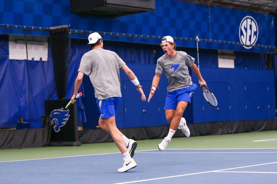 Alexandre LeBlanc and Liam Draxl celebrate in doubles competition versus Virginia Tech.IMAGE OBTAINED FROM UK ATHLETICS. PHOTO BY GRACE BRADLEY.