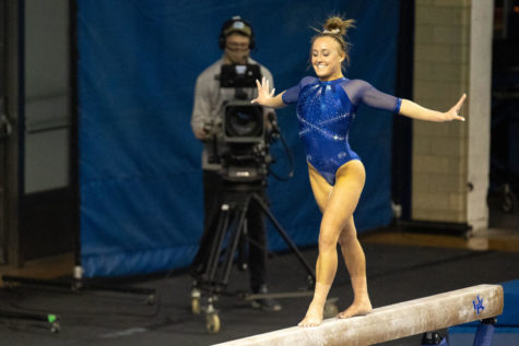 Kentucky sophomore Raena Worley performs on the beam during UK’s meet against Alabama on Friday, Jan. 29, 2021, at Memorial Coliseum in Lexington, Kentucky. Alabama won 196.775-196.350. Photo by Jack Weaver | Staff