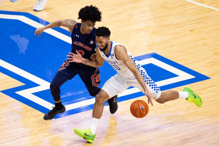 Kentucky Wildcats guard Davion Mintz (10) drives the ball up the court during the University of Kentucky vs. Auburn mens basketball game on Saturday, Feb. 13, 2021, at Rupp Arena in Lexington, Kentucky. UK won 82-80. Photo by Michael Clubb | Staff