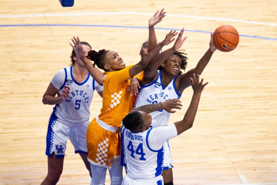 Kentucky Wildcats center Olivia Owens (00) fights for a rebound during the University of Kentucky vs. Tennessee womens basketball game on Thursday, Feb. 11, 2021, at Rupp Arena in Lexington, Kentucky. UK won 71-56. Photo by Michael Clubb | Staff