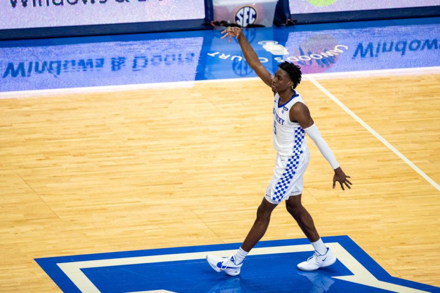 Kentucky Wildcats guard Terrence Clarke (5) celebrates after making a three during the University of Kentucky vs. Notre Dame basketball game on Saturday, Dec. 12, 2020, at Rupp Arena in Lexington, Kentucky. Notre Dame won 64-63. Photo by Michael Clubb | Staff