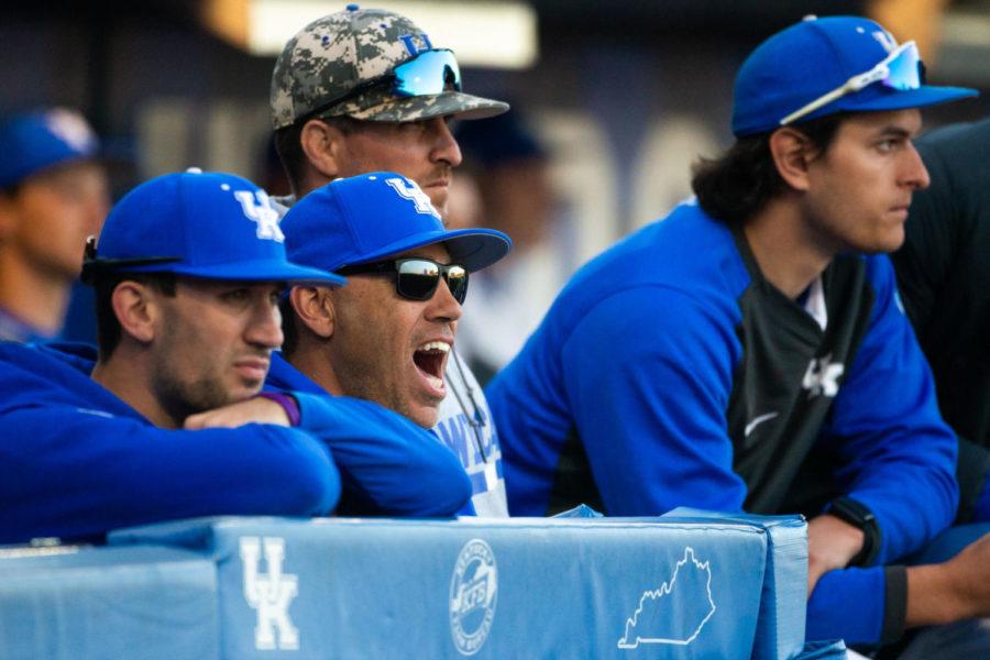 Kentucky head coach Nick Mingione cheers from the dugout during the game against Norfolk State University on Saturday, March 7, 2020, at Kentucky Proud Park in Lexington, Kentucky. Kentucky won 11-1. Photo by | Staff