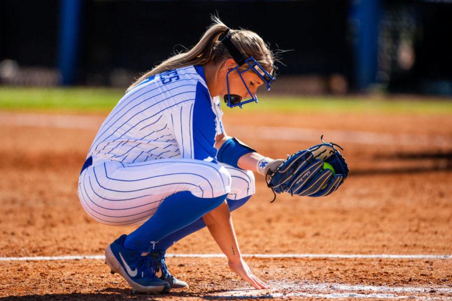 Kentucky senior Autumn Humes prepares to pitch during the home opener against Texas A&M on Saturday, March 7, 2020, at John Cropp Stadium in Lexington, Kentucky. Kentucky won 11-9. Photo by Jordan Prather | Staff
