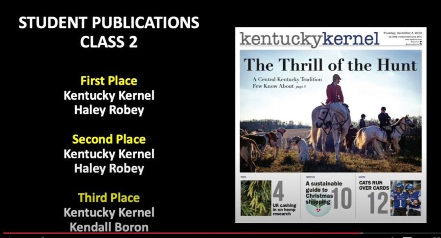 A slide from the Kentucky Press Associations awards show for 2021, showing the results of Kernel finishes in the Best Sports Page category.