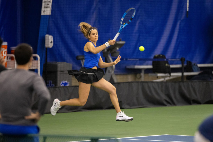 Carla Gibrau returns a ball during the University of Kentucky vs. Louisiana State womens tennis meet on Saturday, Feb. 20, 2021, at the Hillary J. Boone Tennis Complex in Lexington, Kentucky. UK lost 4-3. Photo by Michael Clubb | Staff