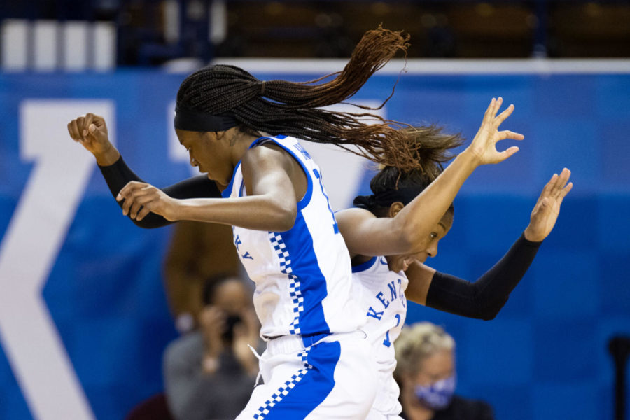 Kentucky Wildcats guard Robyn Benton (1) and Kentucky Wildcats guard Rhyne Howard (10) celebrate a three pointer during the UK vs. Missouri womens basketball game on Sunday, Jan. 31, 2021, at Memorial Coliseum in Lexington, Kentucky. UK won 61-55. Photo by Michael Clubb | Staff.