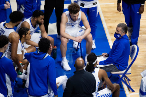 Kentucky Wildcats head coach John Calipari talks to his team on the sideline during the University of Kentucky vs. Arkansas mens basketball game on Tuesday, Feb. 9, 2021, at Rupp Arena in Lexington, Kentucky. UK lost 81-80. Photo by Michael Clubb | Staff