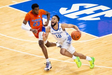 Kentucky Wildcats guard Davion Mintz (10) drives the ball up the court during the University of Kentucky vs. Florida mens basketball game on Saturday, Feb. 27, 2021, at Rupp Arena in Lexington, Kentucky. UK lost 71-67. Photo by Michael Clubb | Staff
