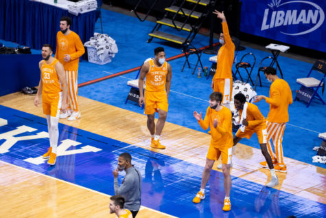 Tennessees bench celebrates a play late in the game during the University of Kentucky vs. Tennessee mens basketball game on Saturday, Feb. 6, 2021, at Rupp Arena in Lexington, Kentucky. UK lost 82-71. Photo by Michael Clubb | Staff