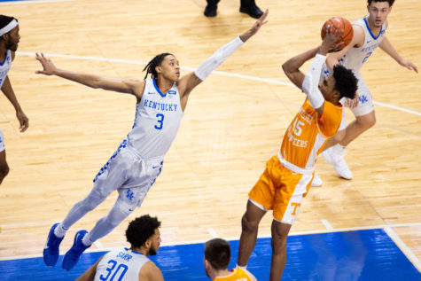Kentucky Wildcats guard Brandon Boston Jr. (3) tries to block a shot during the University of Kentucky vs. Tennessee mens basketball game on Saturday, Feb. 6, 2021, at Rupp Arena in Lexington, Kentucky. UK lost 82-71. Photo by Michael Clubb | Staff