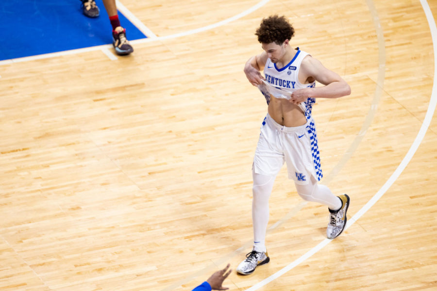 Kentucky Wildcats guard Devin Askew (2) walks off of the court after the University of Kentucky vs. Florida mens basketball game on Saturday, Feb. 27, 2021, at Rupp Arena in Lexington, Kentucky. UK lost 71-67. Photo by Michael Clubb | Staff