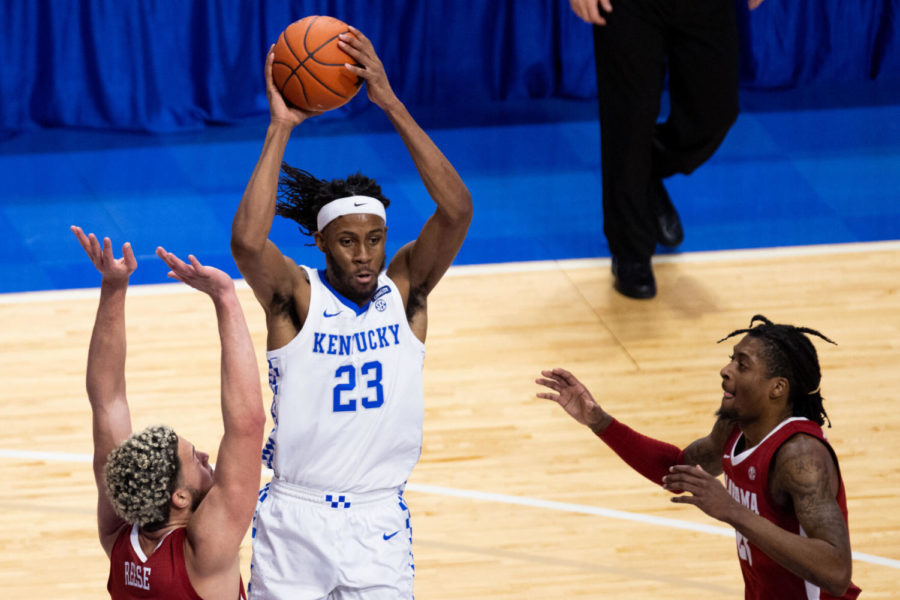 Kentucky Wildcats forward Isaiah Jackson (23) passes the ball during the University of Kentucky vs. Alabama mens basketball game on Tuesday, Jan. 12, 2021, at Rupp Arena in Lexington, Kentucky. UK lost 85-65. Photo by Michael Clubb | Staff