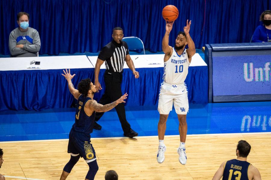 Kentucky+Wildcats+guard+Davion+Mintz+%2810%29+shoots+a+three+pointer+during+the+University+of+Kentucky+vs.+Notre+Dame+basketball+game+on+Saturday%2C+Dec.+12%2C+2020%2C+at+Rupp+Arena+in+Lexington%2C+Kentucky.+Notre+Dame+won+64-63.+Photo+by+Michael+Clubb+%7C+Staff