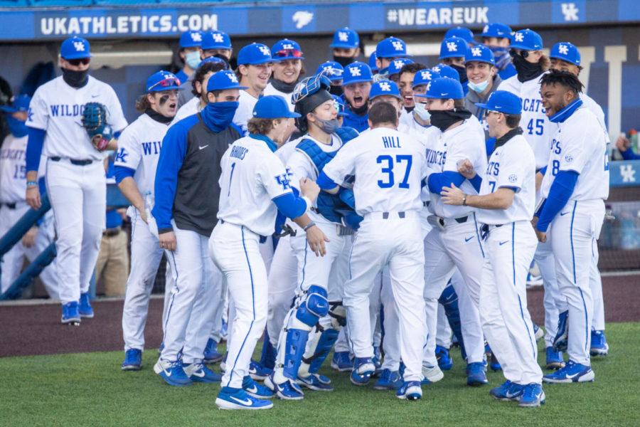 Kentucky+Wildcat+Cam+Hill+%2837%29+celebrates+with+his+teammates+after+hitting+a+home+run+during+the+University+of+Kentucky+vs.+Miami+Ohio+game+on+Tuesday%2C+Feb.+23%2C+2021%2C+at+Kentucky+Proud+Park+in+Lexington%2C+Kentucky.+UK+won+5-1.+Photo+by+Jack+Weaver+%7C+Staff