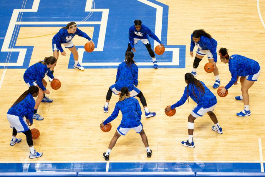 The Wildcats warm up before the University of Kentucky vs. Alabama womens basketball game on Thursday, Jan. 28, 2021, at Rupp Arena in Lexington, Kentucky. Kentucky won 81-68. Photo by Jack Weaver | Staff