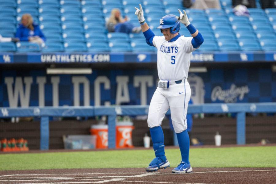 Kentucky Wildcat T.J. Collett (5) celebrates after scoring a two-run home run during the University of Kentucky vs. Georgia State game on Sunday, March 14, 2021, at Kentucky Proud Park in Lexington, Kentucky. UK won 4-2. Photo by Jack Weaver | Staff