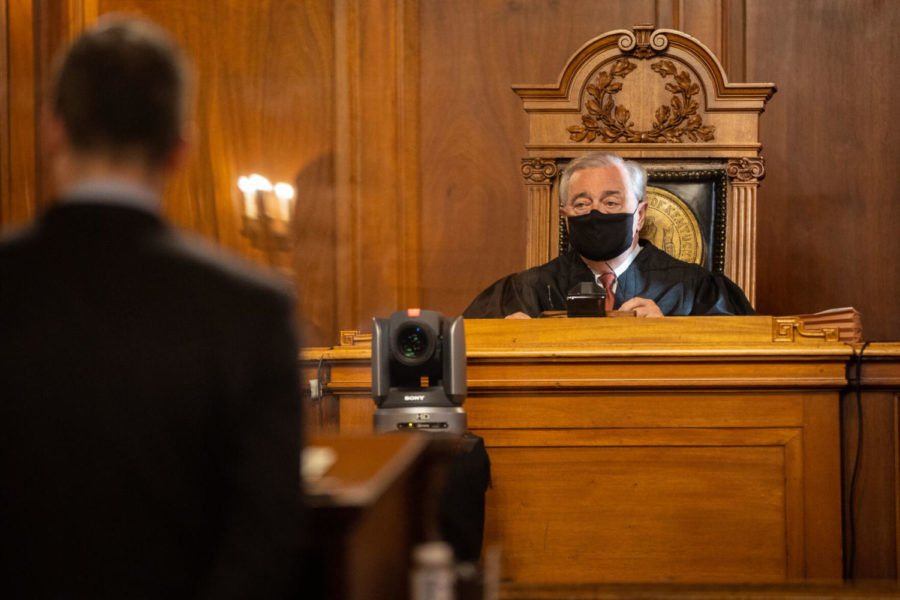 Chief Justice John D. Minton Jr. listens to UKs lawyer during oral arguments heard by the Kentucky Supreme Court in UKs lawsuit against the Kernel on Friday, Oct. 23, 2020, at the Kentucky Supreme Court in Frankfort, Kentucky. Photo by Michael Clubb | Staff.