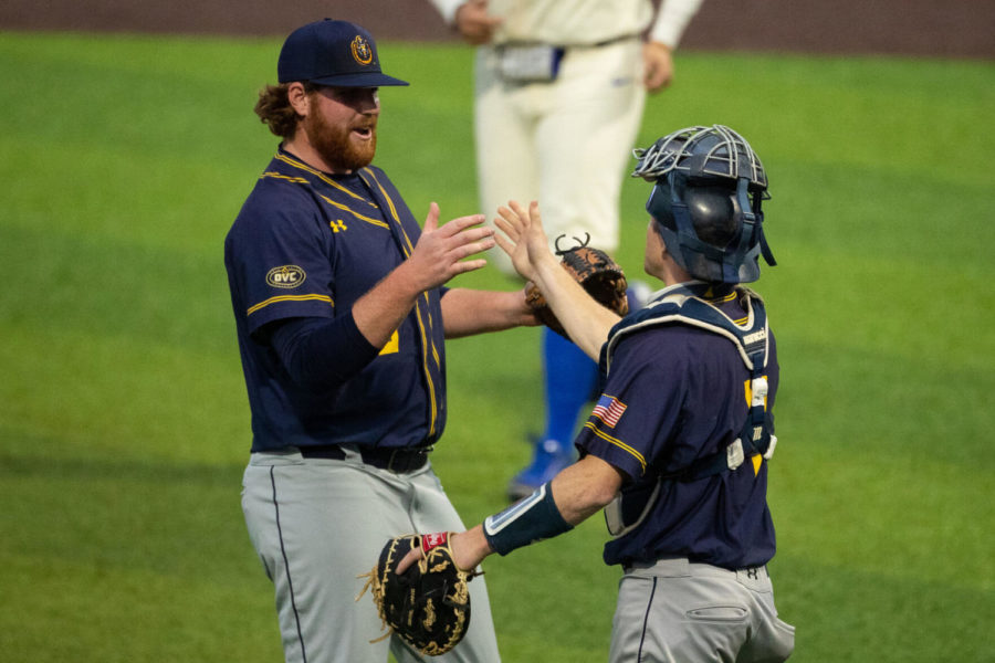Murray State celebrates after the University of Kentucky vs. Murray State University baseball game on Tuesday, March 16, 2021, at Kentucky Proud Park in Lexington, Kentucky. UK lost 13-8. Photo by Michael Clubb | Staff