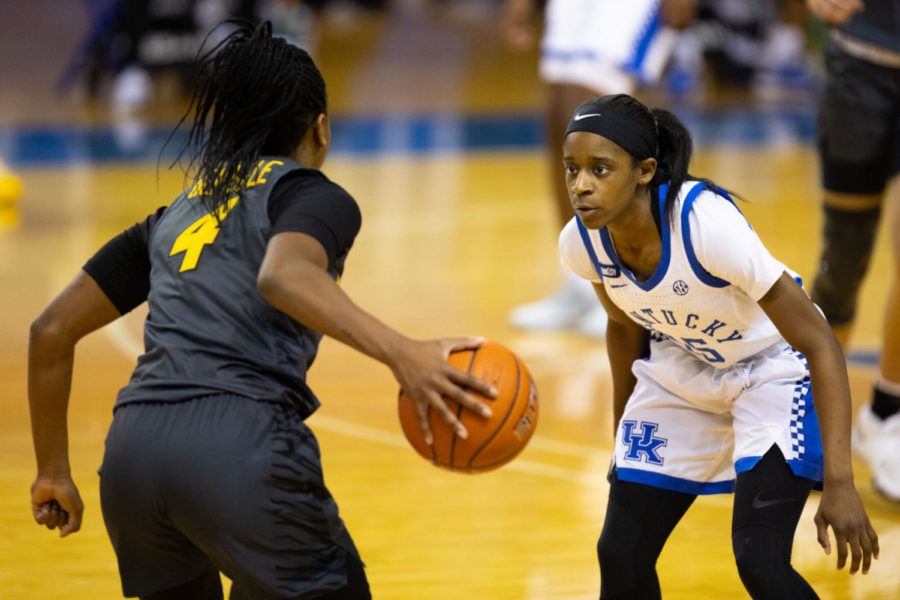 Kentucky Wildcats guard Chasity Patterson (15) guards the ball during the UK vs. Missouri womens basketball game on Sunday, Jan. 31, 2021, at Memorial Coliseum in Lexington, Kentucky. UK won 61-55. Photo by Michael Clubb | Staff.
