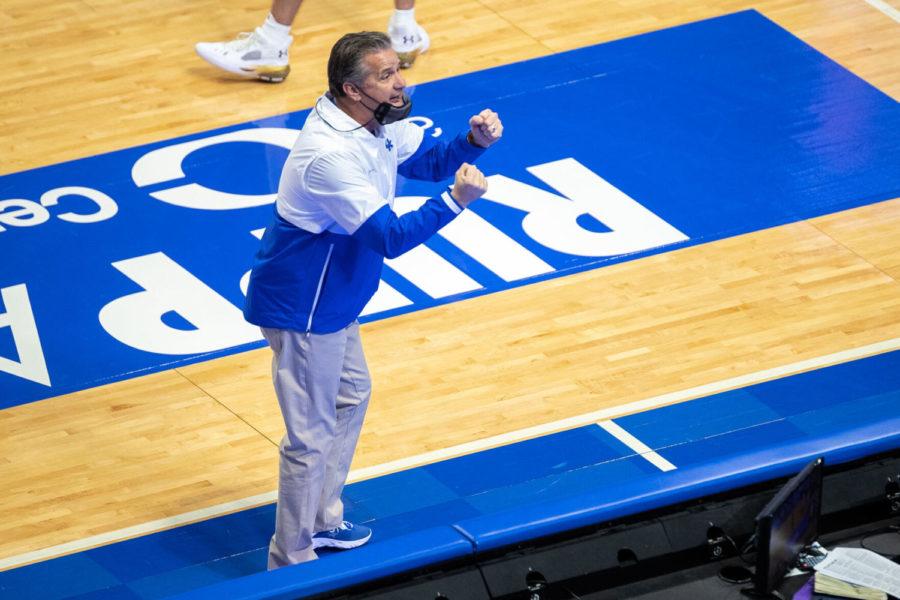 Kentucky Wildcats head coach John Calipari hypes up the crowd during the University of Kentucky vs. Notre Dame basketball game on Saturday, Dec. 12, 2020, at Rupp Arena in Lexington, Kentucky. Notre Dame won 64-63. Photo by Michael Clubb | Staff