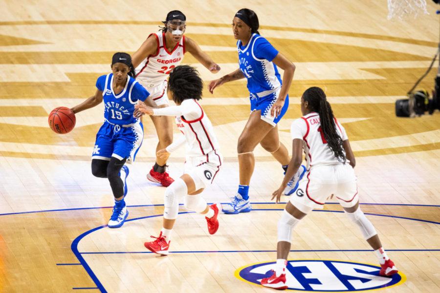 Kentucky Wildcats guard Chasity Patterson (15) dribbles the ball into the paint during the UK vs. Georgia women’s SEC Tournament basketball game on Friday, March 5, 2021, at Bon Secours Wellness Arena in Greenville, South Carolina. UK lost 78-66. Photo by Michael Clubb | Staff