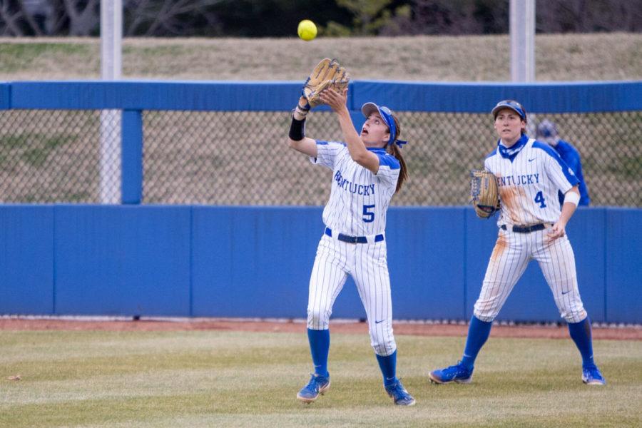 Kentucky Wildcat Tatum Spangler (5) catches a pop fly during the UK vs. Eastern Kentucky game on Tuesday, March 16, 2021, at Cropp Softball Stadium in Lexington, Kentucky. UK won 6-5. Photo by Jack Weaver | Staff
