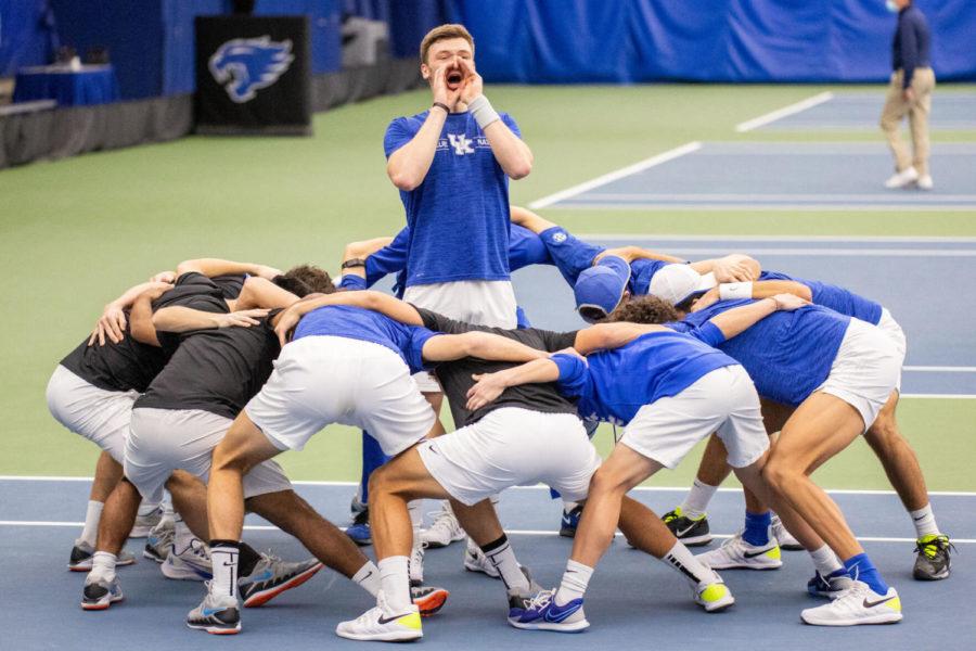 Millen Hurrion hypes up the Wildcats before the University of Kentucky vs. Louisiana State mens tennis meet on Sunday, Feb. 21, 2021, at the Hilary J. Boone Tennis Complex in Lexington, Kentucky. Kentucky won 4-0. Photo by Jack Weaver | Staff