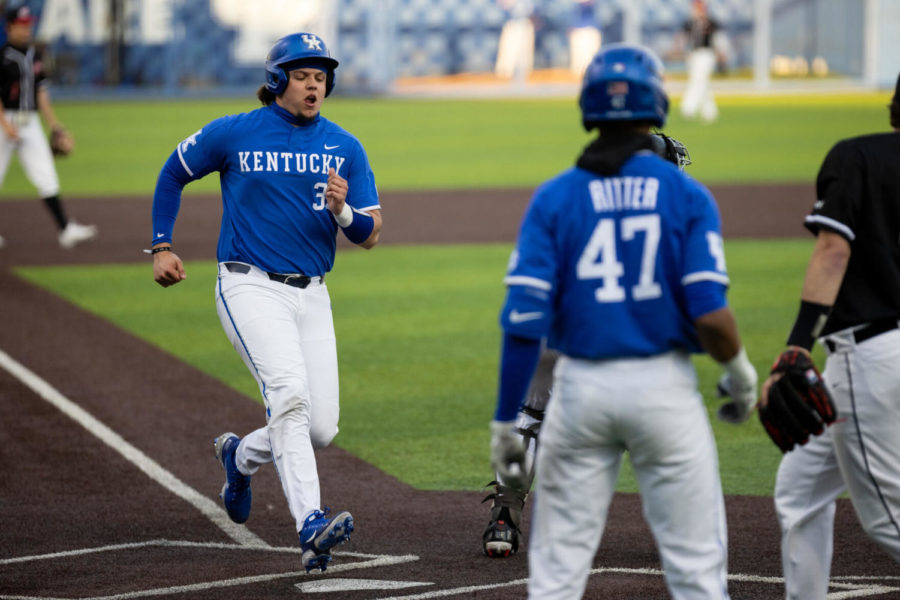 Kentucky Wildcat Trae Harmon (33) runs to home plate during the UK vs. Western Kentucky University baseball game on Tuesday, March 9, 2021, at Kentucky Proud Park in Lexington, Kentucky. UK won 6-5. Photo by Michael Clubb | Staff