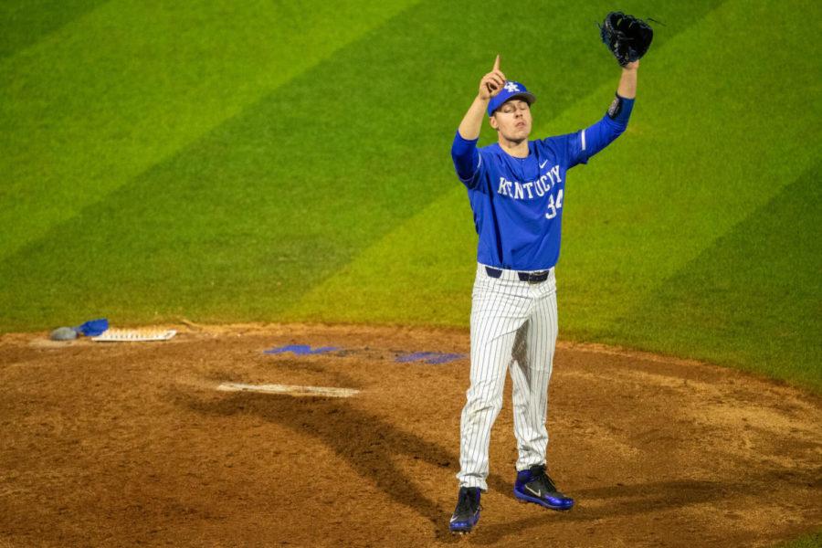 Kentucky+Wildcat+Sean+Harney+%2834%29+points+up+to+the+sky+after+throwing+the+winning+pitch+during+the+University+of+Kentucky+vs.+Eastern+Kentucky+University+baseball+game+on+Tuesday%2C+March+2%2C+2021%2C+at+Kentucky+Proud+Park+in+Lexington%2C+Kentucky.+UK+won+6-3+Photo+by+Michael+Clubb+%7C+Staff