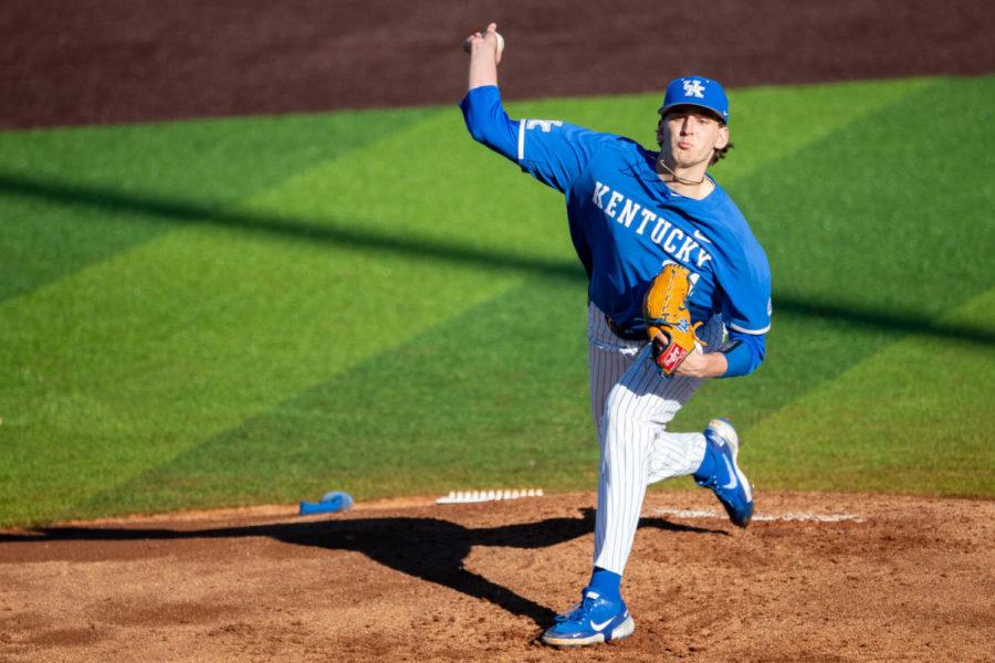 Kentucky Wildcat Ryan Hagenow (24) pitches during the University of Kentucky vs. Eastern Kentucky University baseball game on Tuesday, March 2, 2021, at Kentucky Proud Park in Lexington, Kentucky. UK won 6-3 Photo by Michael Clubb | Staff