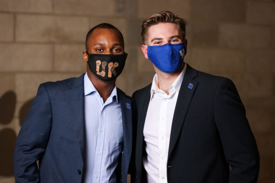 SGA candidate Brandon Brown (left) and Parker Tussey (right) pose together for a portrait on Sunday, Feb. 28, 2021, at the Gatton Student Center in Lexington, Kentucky. Photo by Michael Clubb | Staff