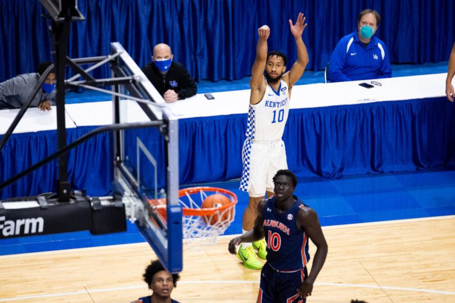 Kentucky Wildcats guard Davion Mintz (10) watches his three pointer go in during the University of Kentucky vs. Auburn mens basketball game on Saturday, Feb. 13, 2021, at Rupp Arena in Lexington, Kentucky. UK won 82-80. Photo by Michael Clubb | Staff