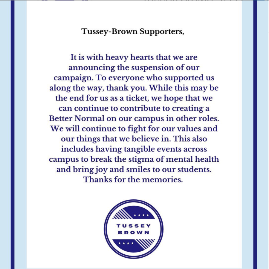 The statement from Parker Tussey and Brandon Brown announcing the suspension of their campaign.