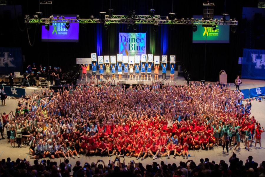 Dance Blue participants pose for a photo at the end of the 2020 Dance Blue Marathon on Sunday, March 1, 2020, at the Memorial Coliseum in Lexington, Kentucky. Photo by Michael Clubb | Staff