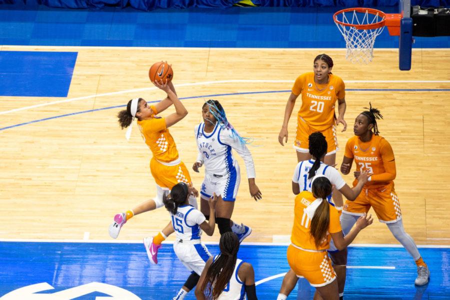 A Tennessee player shoots from the paint during the University of Kentucky vs. Tennessee women’s basketball game on Thursday, Feb. 11, 2021, at Rupp Arena in Lexington, Kentucky. Kentucky won 71-56. Photo by Jack Weaver | Staff