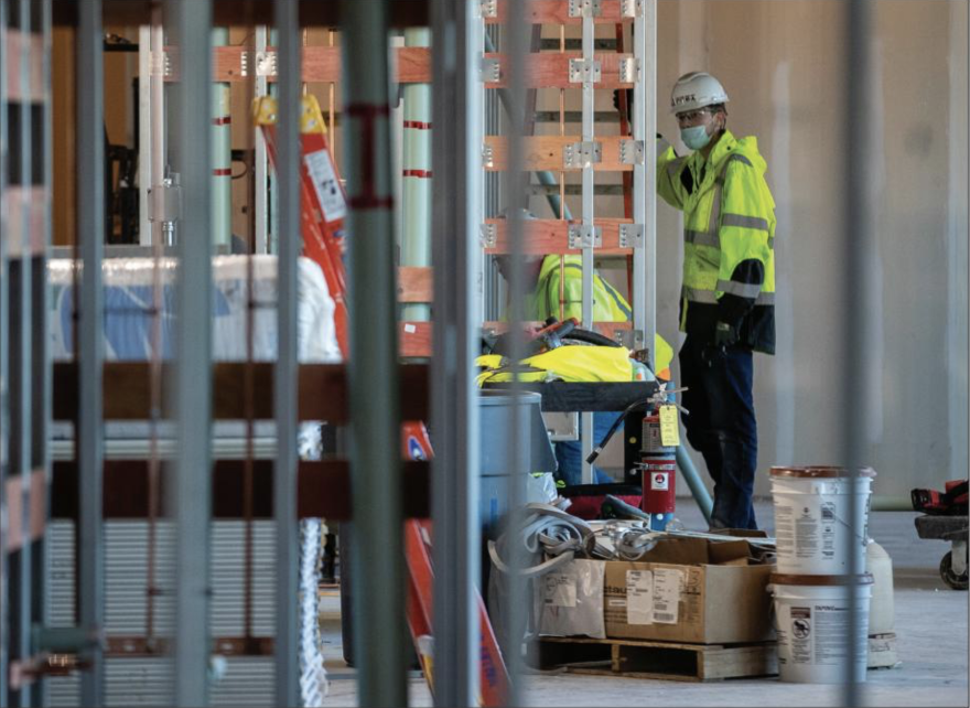 A worker works on the construction site of the Healthy Kentucky research building on Tuesday, March 2, 2021 at the University of Kentucky in Lexington, Kentucky.