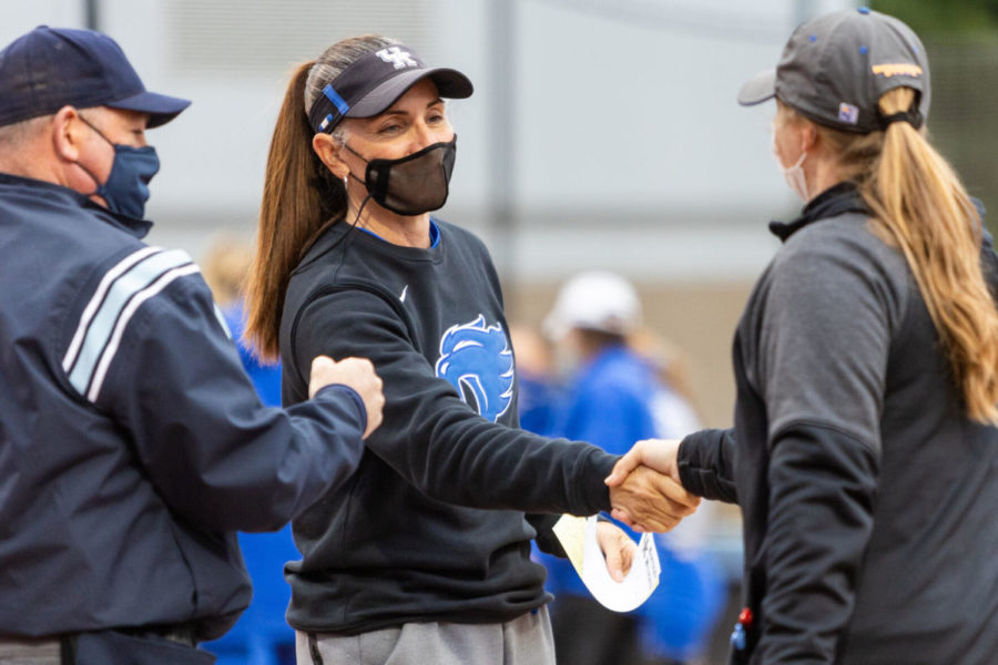 Kentucky+Wildcats+head+coach+Rachel+Lawson+shakes+hands+with+the+Morehead+coach+before+the+UK+vs.+Morehead+State+game+on+Wednesday%2C+March+31%2C+2021%2C+at+Cropp+Softball+Stadium+in+Lexington%2C+Kentucky.+UK+won+13-1.+Photo+by+Jack+Weaver+%7C+Staff