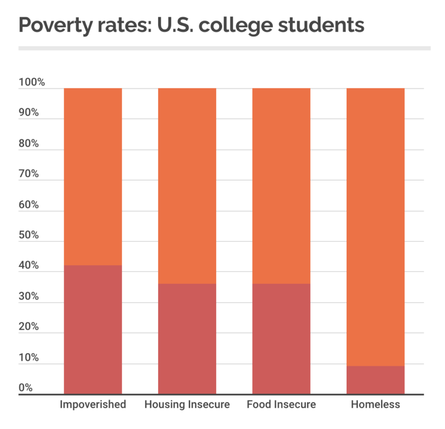 College students in the United States face high poverty rates, including 36% of students being housing insecure and 36% of students being food insecure. Graphic made by Natalie Parks with Infogram.