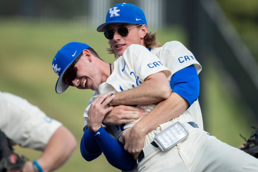 Two UK players goof around before the University of Kentucky vs. Murray State University baseball game on Tuesday, March 16, 2021, at Kentucky Proud Park in Lexington, Kentucky. UK lost 13-8. Photo by Michael Clubb | Staff