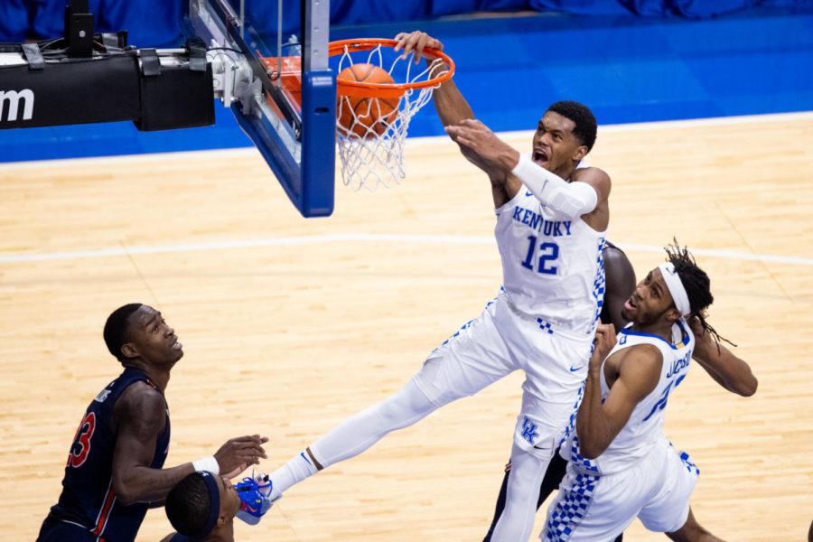 Kentucky Wildcats forward Keion Brooks Jr. (12) dunks a rebound in during the University of Kentucky vs. Auburn mens basketball game on Saturday, Feb. 13, 2021, at Rupp Arena in Lexington, Kentucky. UK won 82-80. Photo by Michael Clubb | Staff